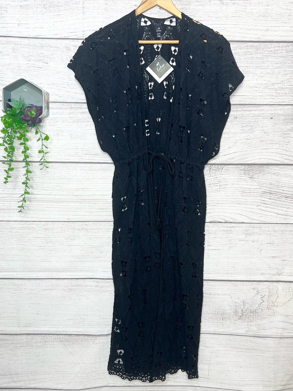 NWT Echo Black Crochet Lace Tie Waist Maxi Length Kimono Caftan Duster One Size